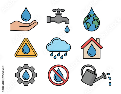 Collection of water conservation icons, hand, tap, earth, cloud, house, gear, no water, watering can, flat vector illustration for sustainability, eco-friendly design