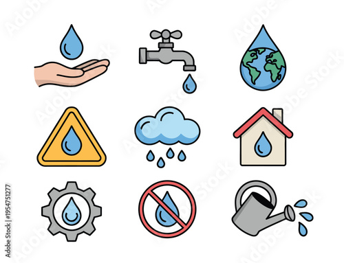 Collection of water conservation icons, including hand, faucet, globe, cloud, home, gear, no water symbol, and watering can, vector set for environmental awareness, resource management