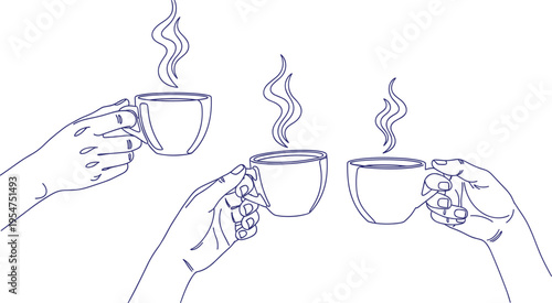 Minimalist blue line illustration of hands holding coffee cups steaming beverage social gathering friendship break concept isolated background vector design