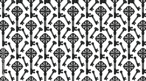 seamless vintage key pattern, antique ornate keys background, decorative classic design texture, elegant repeating motif, locksmith concept, detailed black vector illustration