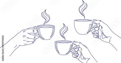 Minimalist blue line illustration of hands holding coffee cups steaming beverage social gathering friendship conversation break concept isolated background vector design