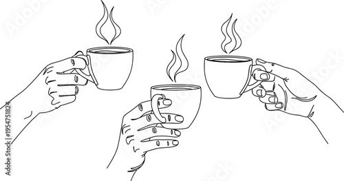 Minimalist line art illustration of hands holding coffee cups steaming beverage social gathering friendship break concept isolated background vector design
