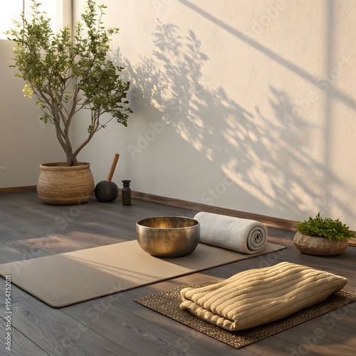 meditation corner still life featuring neutral cushions, small plant, incense holder, soft lighting, and calm serene mindfulness environment.