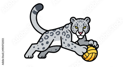 A cartoonish snow leopard playing with a volleyball on a white background with a mix of gray and black spots and yellow eyes.