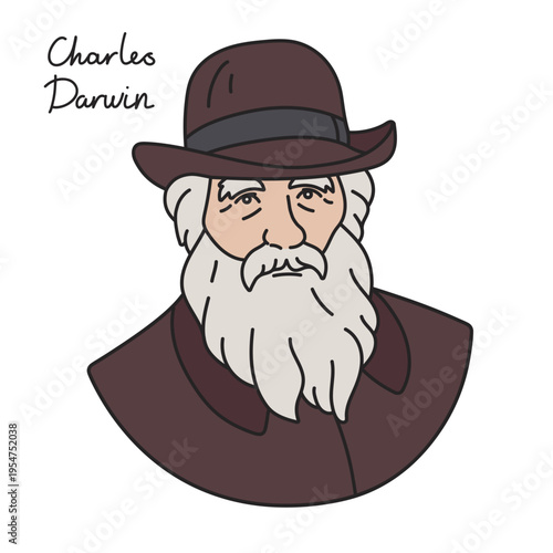 Hand drawn vector portrait of Charles Darwin in hat - the great scientist, biologist and traveler. Color illustration of the head of famous british naturalist, the author of the theory of evolution