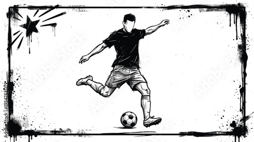 soccer player sketch illustration, football kick action drawing, grunge frame sports art, dynamic athlete design, ball control concept, monochrome style