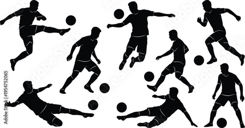 soccer player silhouettes set, football action poses collection, black athlete vector illustration, sports movement concept, dynamic players kicking ball design
