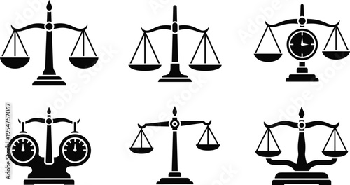 justice scale icons set, black balance symbol collection, law equality concept, legal emblem design, court justice illustration, minimal vector graphics