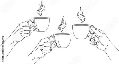 Minimalist line illustration of hands holding coffee cups with steam social gathering friendship conversation break concept isolated background vector design