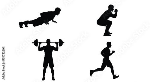 Silhouette illustration of a man doing various exercises and workouts in different poses and actions
