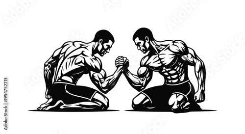 Black and white illustration of two muscular men arm wrestling kneeling face to face in a competitive stance.