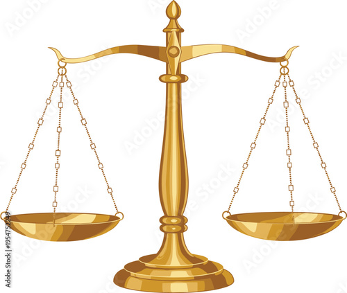 golden justice scales illustration, law balance symbol vector, legal equality concept, courtroom icon design, shiny gold balance, justice fairness representation isolated