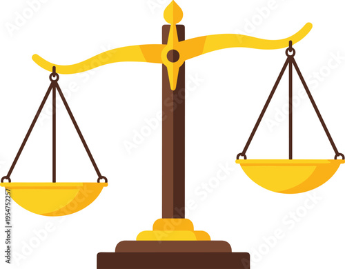 flat justice scales illustration, law balance symbol vector, legal equality concept, modern courtroom icon design, yellow brown balance, justice fairness representation