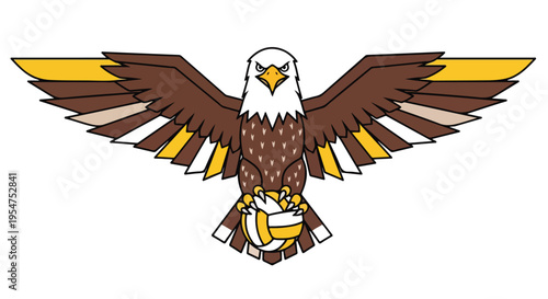 A brown and yellow eagle with outstretched wings and a white head against a clean white background.