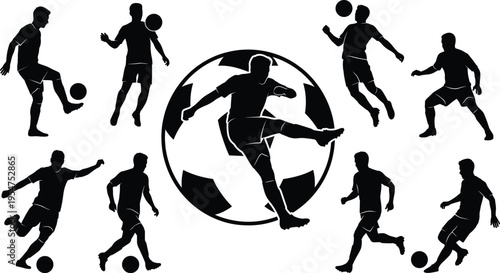 soccer player silhouettes collection, football action poses vector, athletes dribbling kicking juggling ball, sports illustration set, dynamic movement, black silhouette design