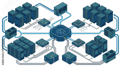 Network infrastructure with central server and connected data centers.