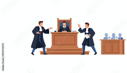 Illustration of a chaotic courtroom scene with a judge banging his gavel between two arguing lawyers in black robes against a plain white background.