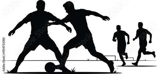 soccer players silhouettes, football match action vector, athletes running dribbling ball, sports competition illustration, dynamic movement scene, black silhouette design set