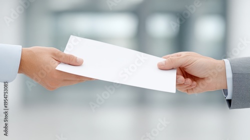 Two hands exchanging a blank certificate or document in a modern office setting with a blurred background, emphasizing the act of transfer and the importance of formal documentation