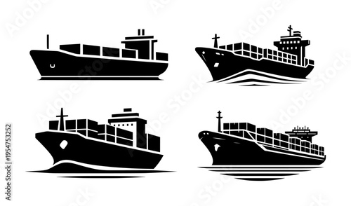 vector set silhouette logo of cargo container ship or expedition service (black)