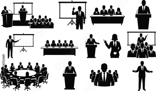 business presentation silhouettes, corporate meeting icons, conference speaker vector, team discussion illustration, leadership seminar graphics, professional people black silhouettes