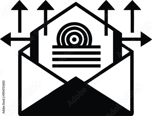 Black envelope with document and arrows pointing out white background