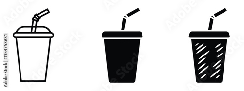 Drink cup with straw icon set in outline, solid, and doodle styles, minimal disposable beverage symbols, flat and hand-drawn vector illustrations for fast food, cafe menu, and drink packaging concepts