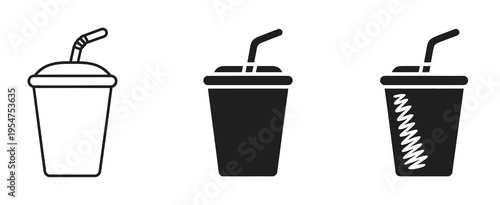 Drink cup with straw icon set in outline, solid, and hand-drawn doodle styles, disposable beverage and fast food symbol, vector illustration for cafe, restaurant, takeaway, and food branding design 