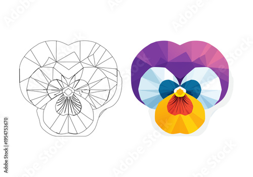 フラットで幾何学的なパンジーの花のイラストセット：ローポリ風カラー版とぬりえ用線画、子供向けベクター素材