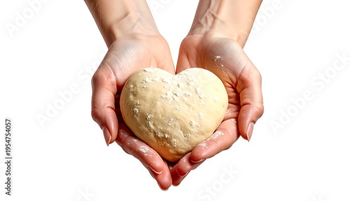 Close-up of hands cupping a heart-shaped dough ball, dusted with flour, against a stark white backdrop