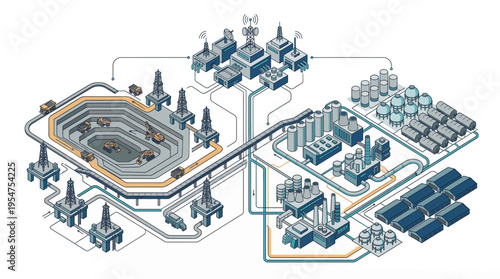 Industrial process diagram with machinery and piping.