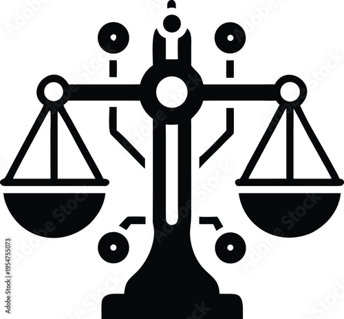 Black and white of a scale with gears and lines balance justice