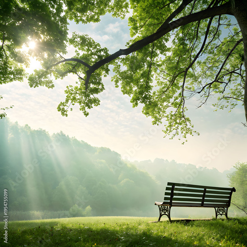 nature therapy concept featuring empty park, winding walking path, lush greenery, soft sunlight filtering through trees, and serene calming atmosphere.