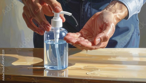 Close-up of hands dispensing liquid from a transparent bottle. The liquid is for sanitizing. Focus on the bottle and the act