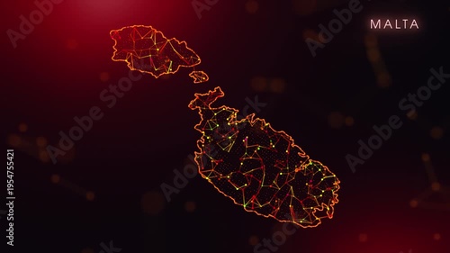 A dynamic motion video showcasing the Malta country border through a colorful plexus reveal. Glowing red and orange dots represent high-tech data communication and global digital networks.