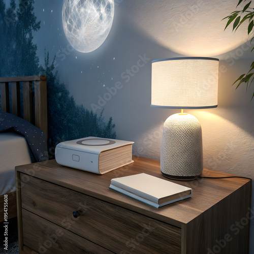 sound sleep ambience featuring close-up of bedside speaker, soft glowing night lamp