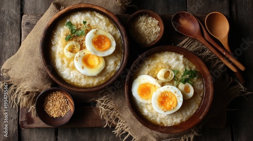 Creamy rice porridge topped with soft-boiled eggs, fresh herbs, and roasted sesame seeds served in rustic wooden bowls on a wooden table