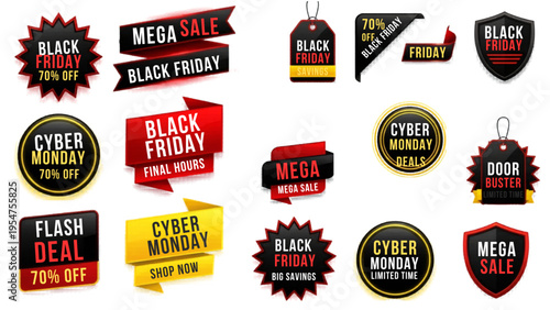 Set of 18 Black Friday and Cyber Monday Sale Banners, Labels, and Tags Vector Collection for E-commerce Promotions and Marketing Campaigns