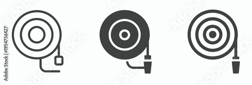 Fire hose reel icon set in outline, solid, and doodle styles, minimal vector symbols for fire safety, emergency equipment, and protective service graphics.