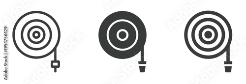 Fire hose reel icon set in outline, solid, and hand-drawn styles, vector illustrations for safety, firefighting, and emergency services design projects.