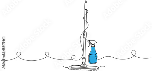 Floor mop and spray bottle standing on white background. no editable strokes