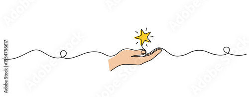 Hand holding shining star symbol over continuous line background. no editable strokes