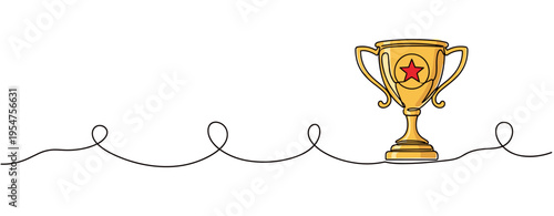 Golden trophy placed on continuous line representing achievement. no editable strokes