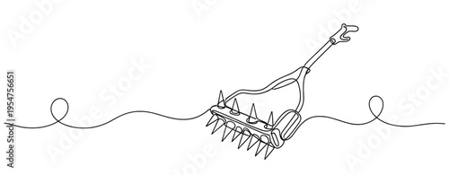 Garden dethatcher rake lying on continuous line illustration. no editable strokes