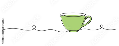 Green cup placed on surface in continuous line illustration. no editable strokes
