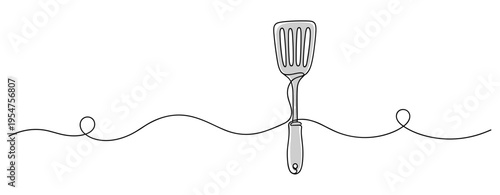 Kitchen spatula standing upright on continuous line background. no editable strokes