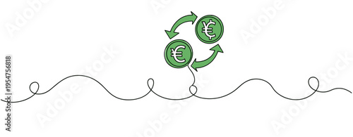 Currency exchange showing euro coins with circular arrows. no editable strokes