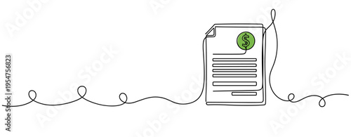 Document with dollar emblem connected by continuous line on white. no editable strokes
