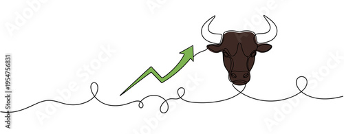 Bull head with upward arrow indicating market growth. no editable strokes