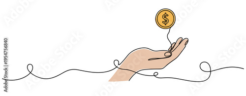 Hand holding coin above wavy line on white background. no editable strokes